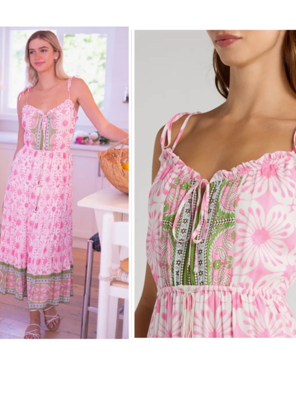 NWT Bell by Alicia Bell Holiday Tie Strap Midi Dress in Pink & Green Print sz S